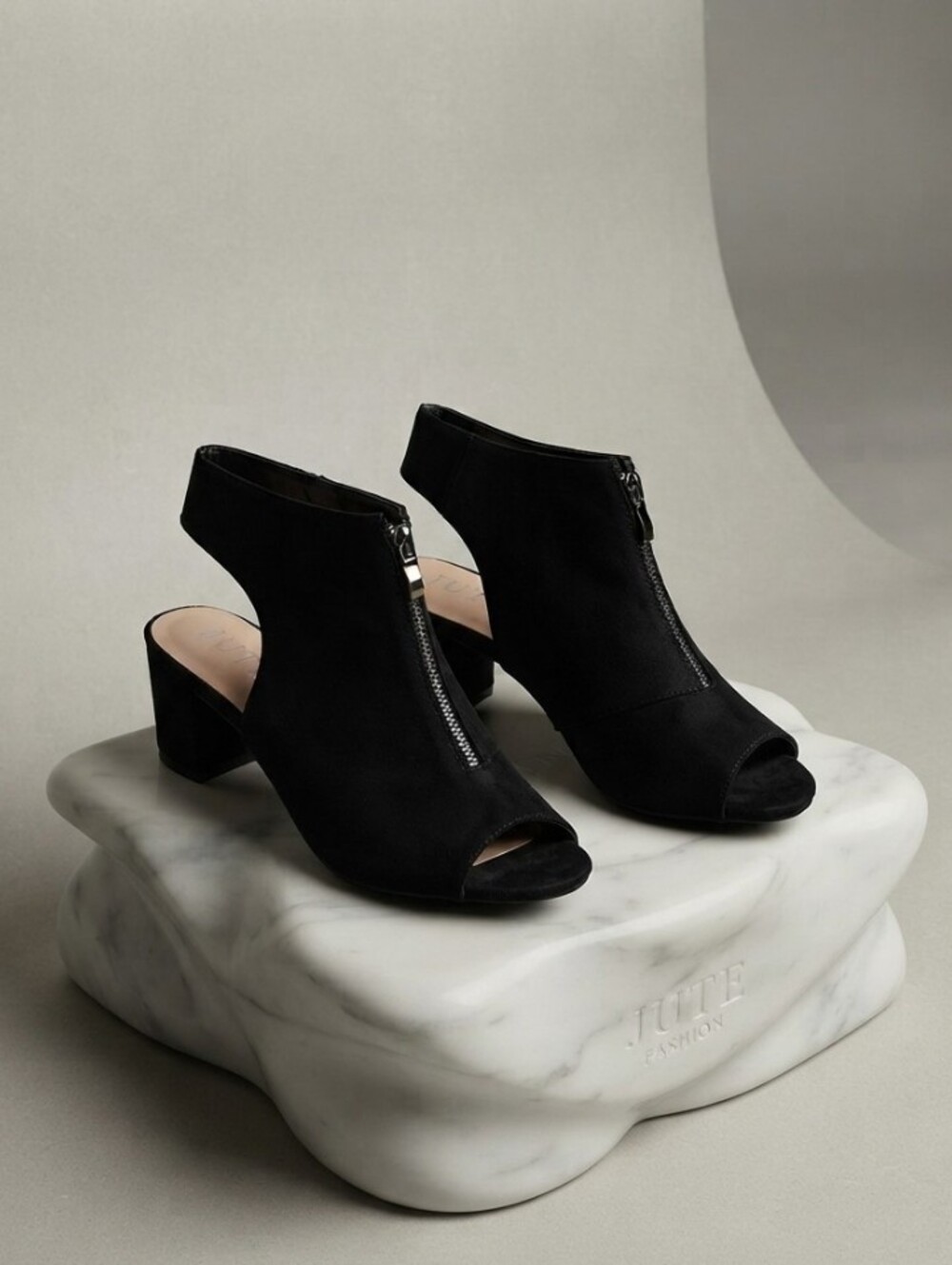 Black Peep-Toe Zip Front Block Heel Mules - Women